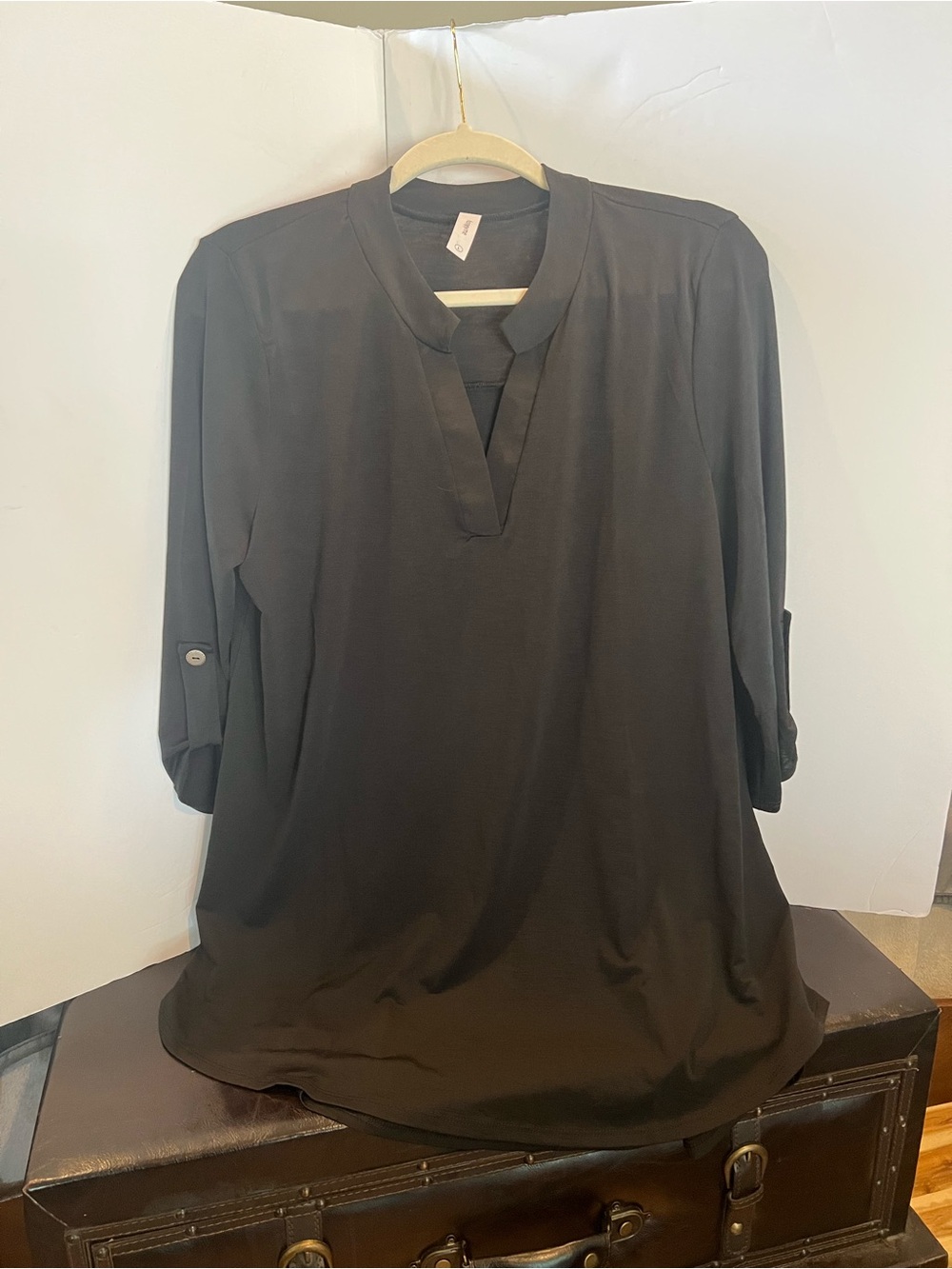 Honeyme Black Split-Neck Roll-Tab Blouse